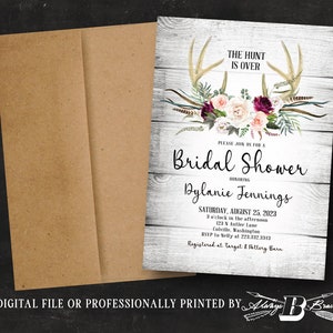 Deer Bridal Shower Invitation The Hunt is Over Antler Invitations Rustic Boho Flowers Invites Barnwood Bohemian Invite Printed or File