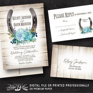 Horseshoe Wedding Invitation & RSVP Postcard Western Invite Teal Flowers Rustic Invites Country Barnwood invitations Printed or File image 4