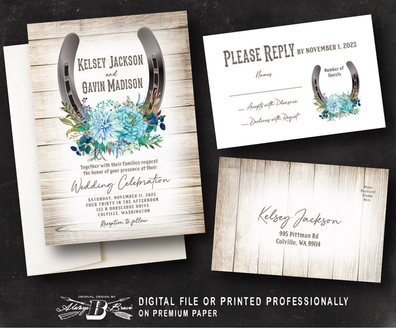 Horseshoe Wedding Invitation & RSVP Postcard Western Invite Teal Flowers Rustic Invites Country Barnwood invitations Printed or File image 4