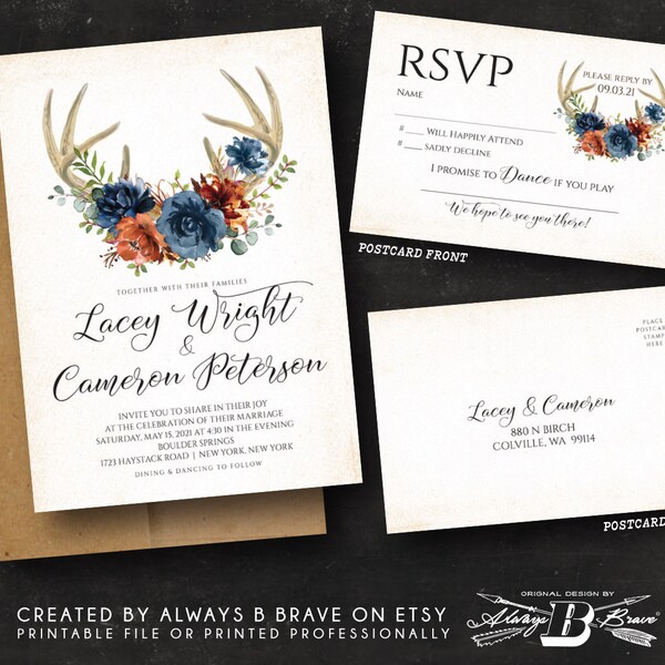 Boho Wedding Invitation | Deer Horn Invitations & RSVP | Rustic Antler Invites | Rust Navy blue Flowers Woodland Fall Invite