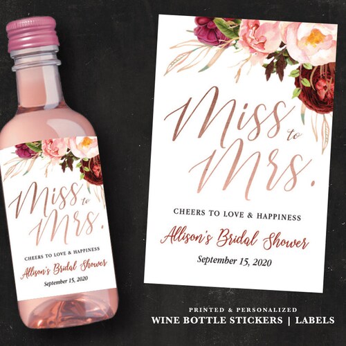 Personalized Mini Wine Bottle Labels | Rose Gold Stickers | Vintage Floral Label | Miss to Mrs. Bridal Shower Favor Adhesive Sticker