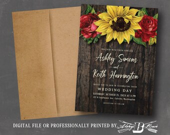 Sunflower Wedding Invitation | Red Roses Invitations | Barnwood & Flowers Invites Country Western Invite Printed or File Sunflowers