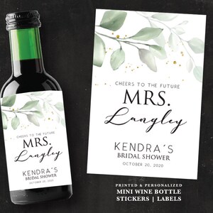 Greenery Mini Wine Bottle Labels | Vine Wedding Favors Label | Leaves Cheers to the future Mrs. Bridal Shower Favor Sticker | Printed Labels