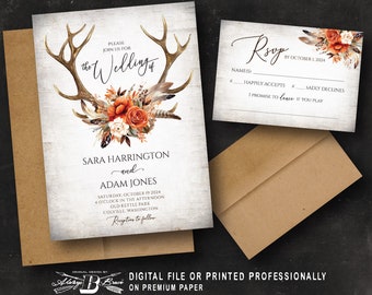 Elk Wedding Invitation | Rustic Invitations & RSVP | Birch Navy Blue Flowers Boho Invites | Antler Floral Invite Bohemian Boho