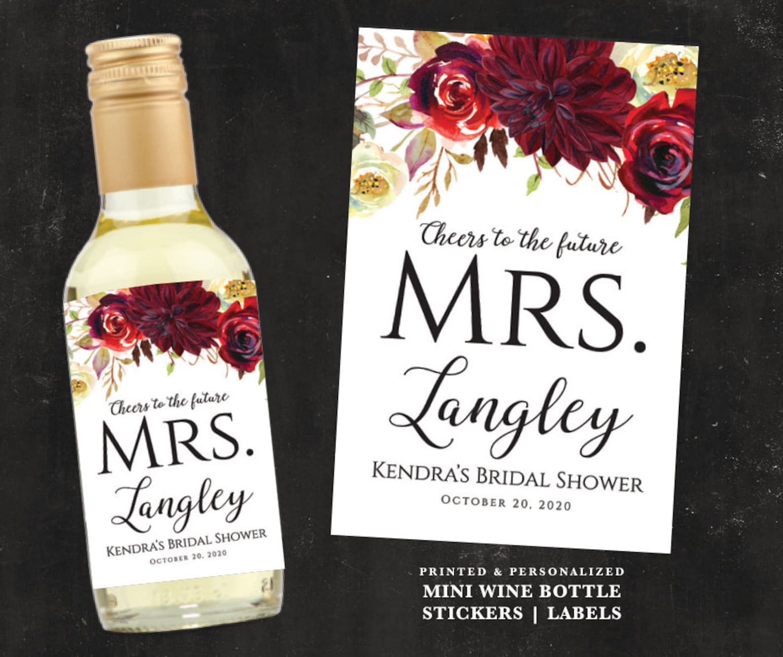 Personalized Mini Wine Bottle Labels Maroon Floral Stickers | Etsy
