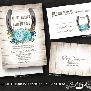 Horseshoe Wedding Invitation & RSVP Postcard Western Invite Teal Flowers Rustic Invites Country Barnwood invitations Printed or File image 3