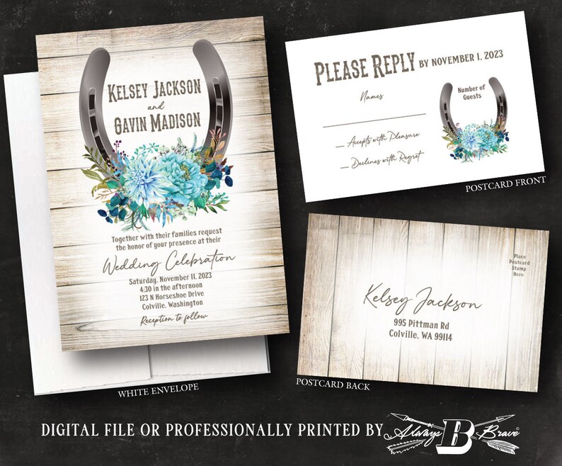 Horseshoe Wedding Invitation & RSVP Postcard Western Invite Teal Flowers Rustic Invites Country Barnwood invitations Printed or File image 3