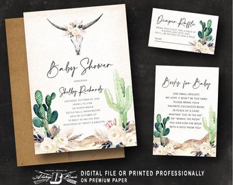 Cactus Bull Skull Baby Shower Invitation | Bohemian Invites | Modern Boho Invitations | Western Flowers Invite Diaper Raffle Books for Baby