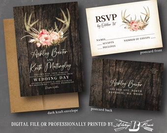 Deer Antler Wedding Invitation & RSVP | Peach Pink Floral Invitations | Blush Barnwood Invite | Rustic Flowers Invites Printed or File