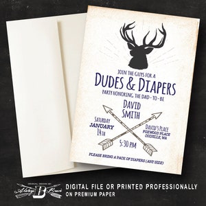 Dudes & Diapers Baby Shower Invitation Men's Diaper Party Invites Rustic Invitations Guy's Deer Antler Invite Printed or Printable image 2