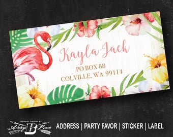 Tropical Return Address Label | Flamingo Labels | Hibiscus Stickers | Beach Wedding Shower Favor | Floral Palm Leaf Business Sticker