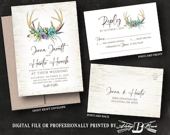 Deer Antler Wedding Invitation | Rustic Invitations & RSVP | Boho Fall Invites | Birch Feathers Succulent Invite Printed or FILE