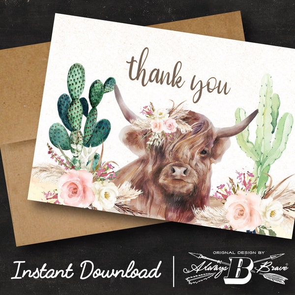 Highland Cow Thank You Card | Instant Download | Printable File Digital File | Cactus Southwestern Thank you card | Boho Baby Bridal shower