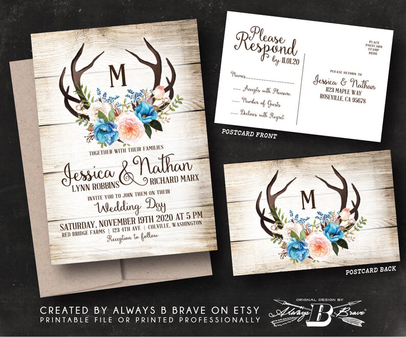 Deer Antler Wedding Invitation Rustic Invitations & RSVP Etsy