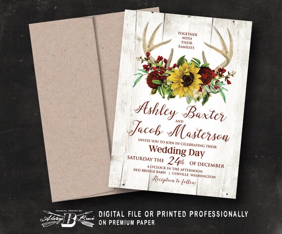 Rustic Burgundy Floral Printed or Printable Deer Antler Save the Dates Fall Boho Wedding Postcards Sunflower Save the Date Postcards