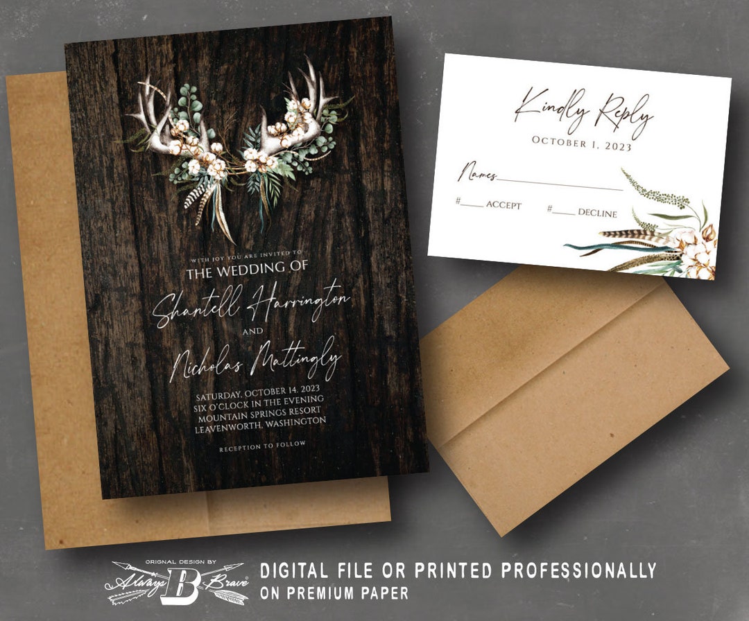 Deer Antler Wedding Invitation & RSVP Cotton Antlers Invitations Fall
