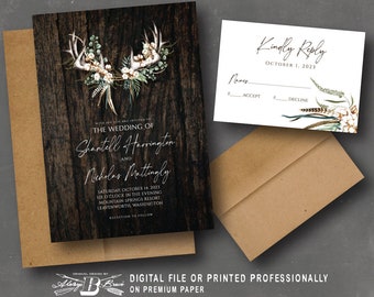 Deer Antler Wedding Invitation & RSVP | Cotton Antlers Invitations | Fall Feathers Invite | Boho Bohemian Barnwood Invites Printed or File