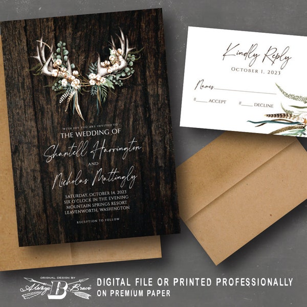 Deer Antler Wedding Invitation & RSVP | Cotton Antlers Invitations | Fall Feathers Invite | Boho Bohemian Barnwood Invites Printed or File