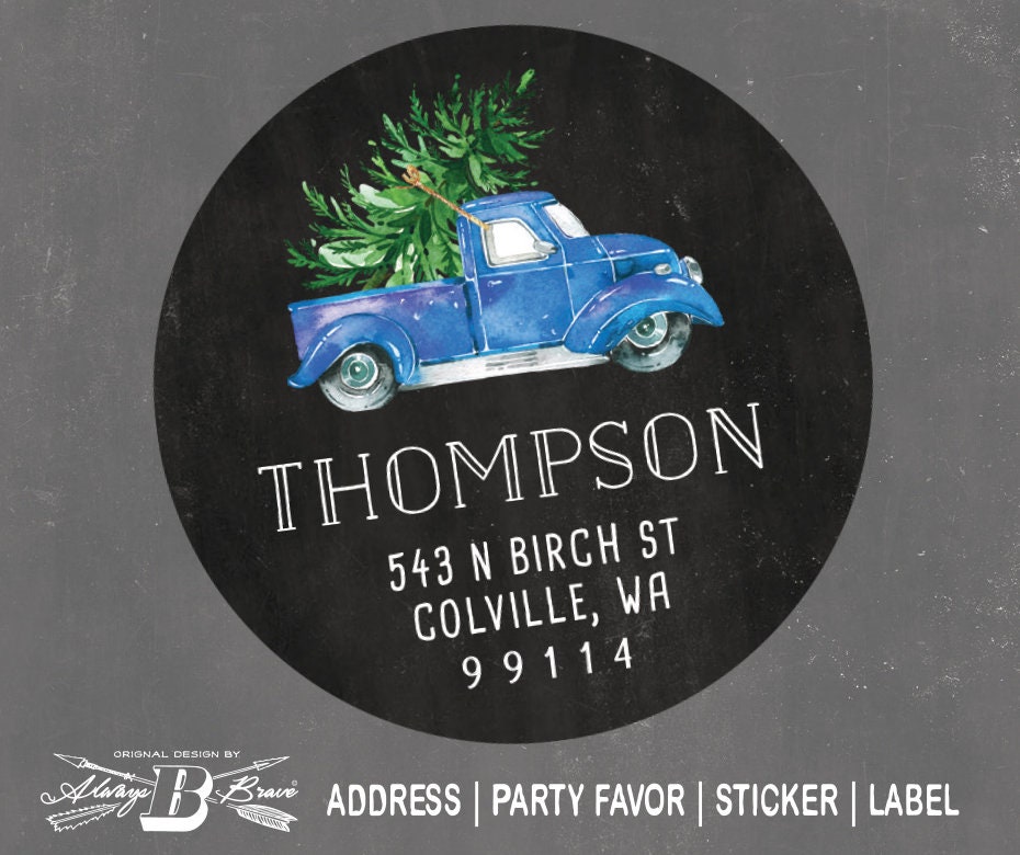 Blue Truck Return Address Labels | Retro Pick Up Tree Stickers | Rustic Chalk Label | Vintage Automobile Country Christmas Business Sticker