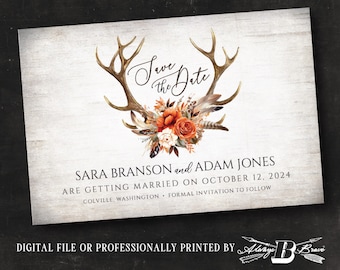 Elk Save the Date Postcard | Wedding Announcement | Rustic Antlers Wedding | Feathers Burnt Orange Flowers Horns Country Chic