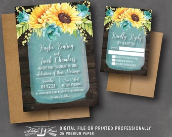 Mason Jar Wedding Invitation RSVP | Sunflower Invites | Rustic Teal Floral Invitations  | Boho Country  Wood Invite Printing or Printable