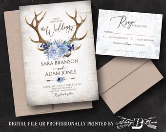 Elk Wedding Invitation | Rustic Invitations & RSVP | Birch Navy Blue Flowers Boho Invites | Antler Floral Invite Bohemian Boho
