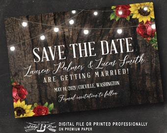 Vintage Sunflower Save the Date Postcard | Wedding Announcement | Wood and Lights Rustic Wedding | Sunflower Rose Country Chic