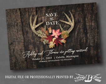 Deer Antler Save the Date Postcard | Fall Save the Dates | Woodland Leaves Wedding Postcards Rustic Barnwood Western Invite Printed or File