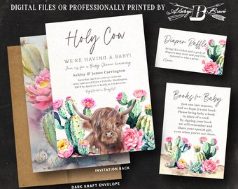 Highland Cow Baby Shower Invitation | Boho Invitations | Holy Cow Bohemian Co-Ed Invites | Cactus Flowers Couple's Invite set