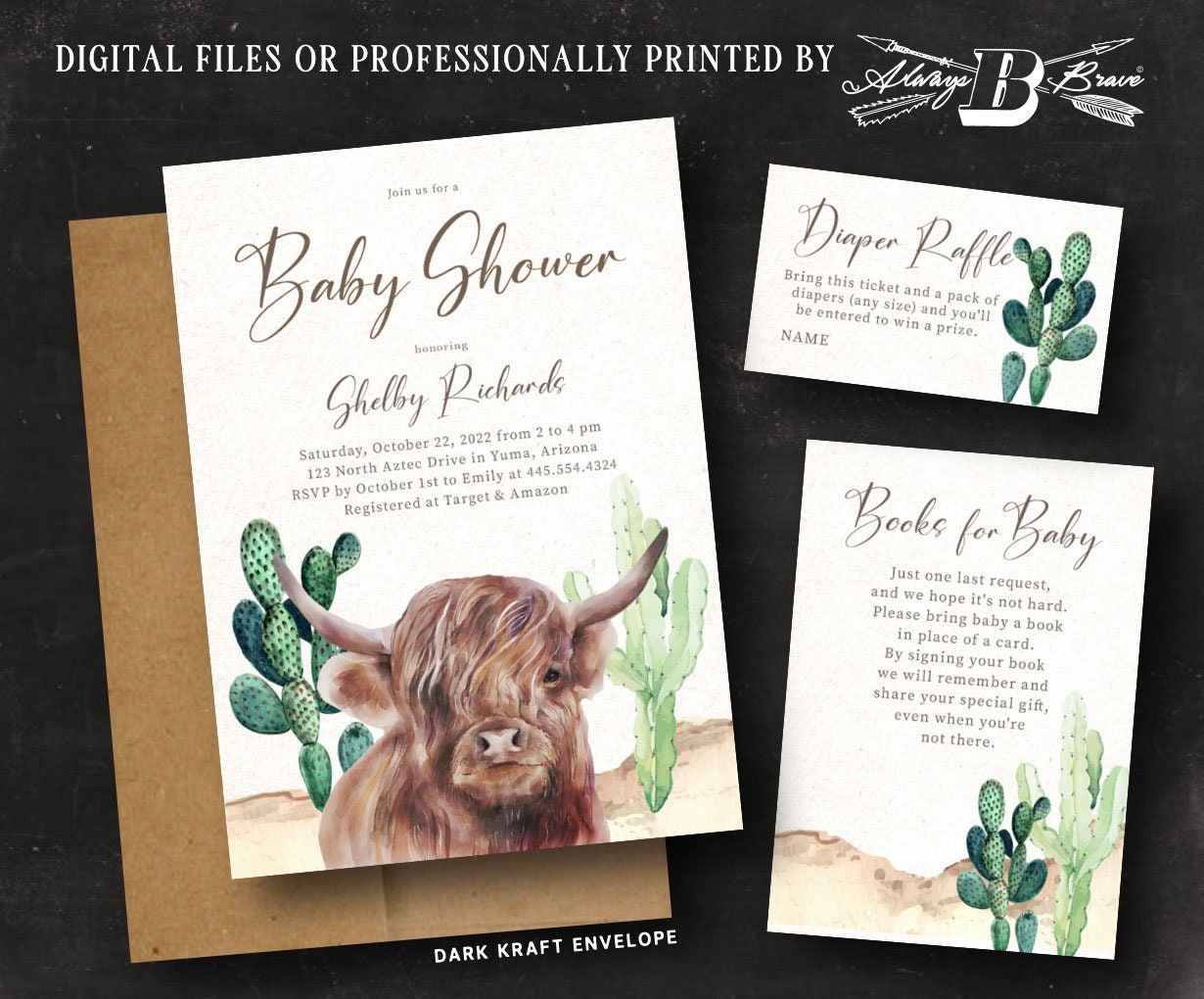 Highland Cow Baby Shower Invitation Boho Invitations Rustic Desert Bohemian CoEd Invites Cactus Gender Neutral Couples Invite