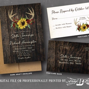 Deer Antler Wedding Invitation & RSVP | Sunflower Invitations Rustic Maroon Flowers Barnwood Invite Country Western Invites Printed or File