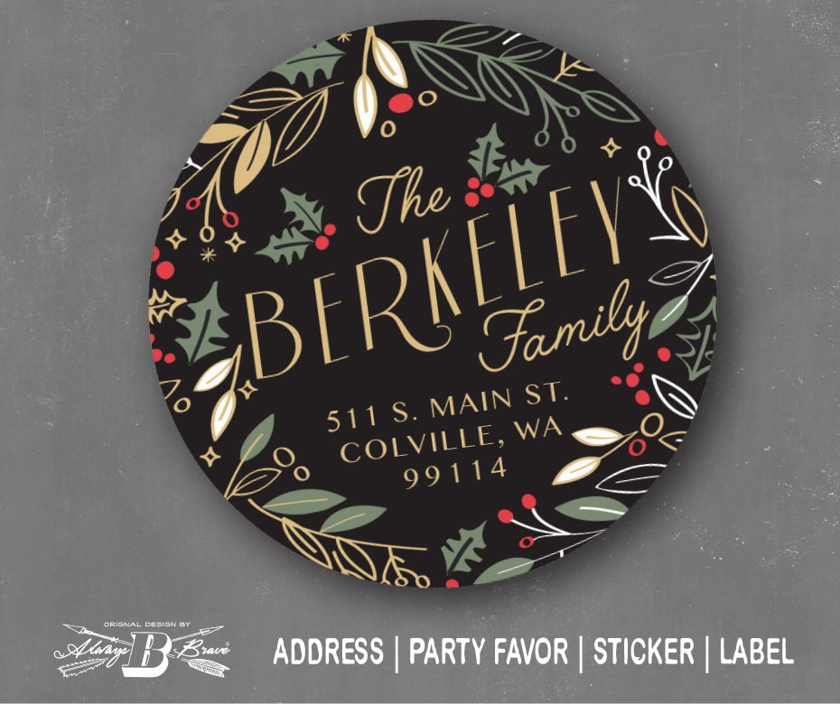 Vintage Christmas Return Address Label | Retro Merry Christmas Stickers | Black Gold Labels | Country Wreath Business Sticker