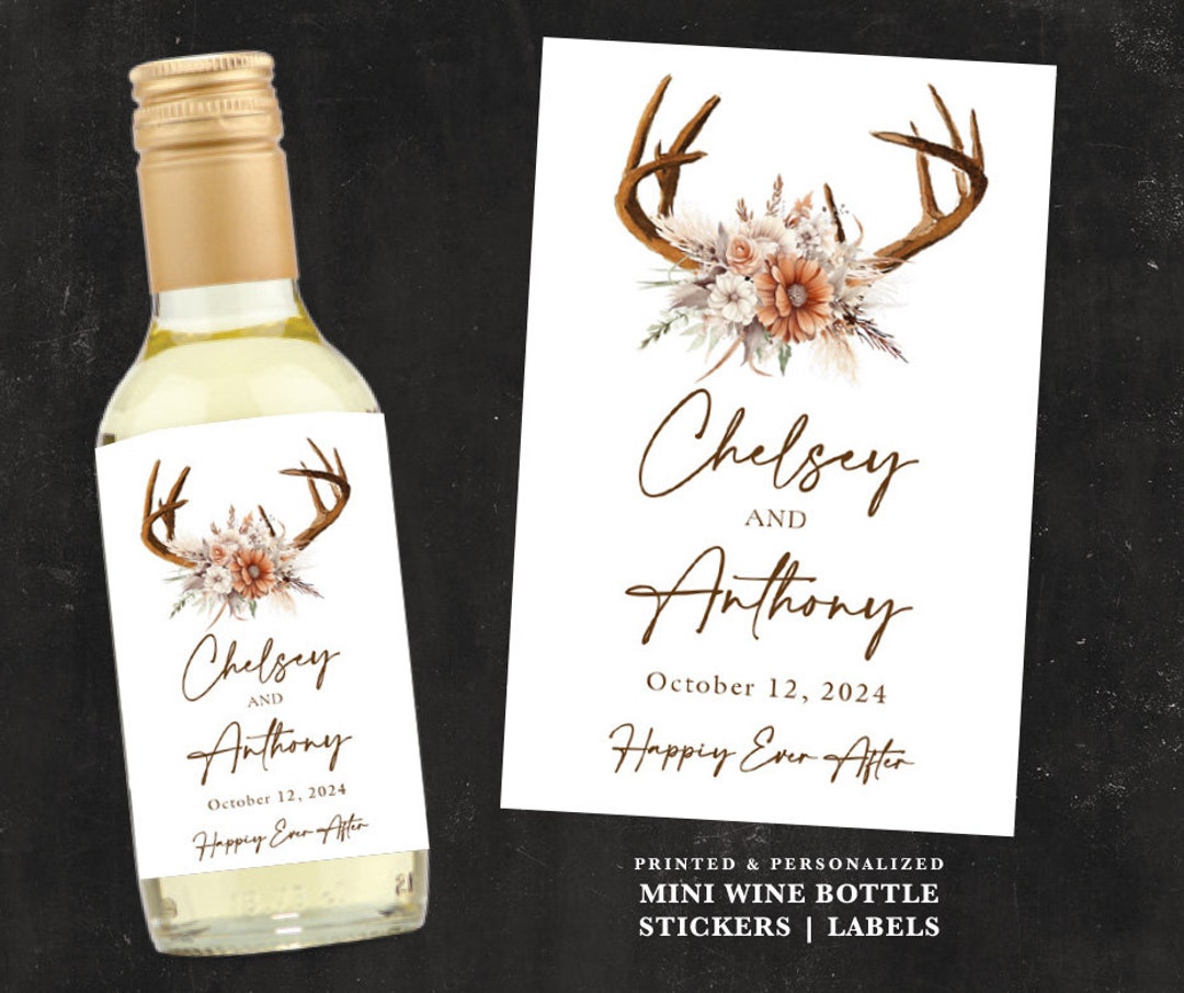 Deer Antler Mini Wine Bottle Labels Bohemian Wedding Favors Rustic ...