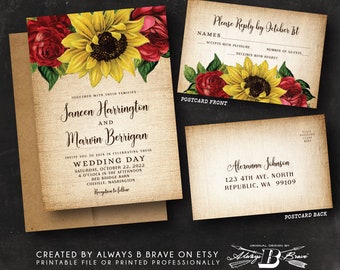 Red Rose Sunflower Wedding Invitation & RSVP Postcard | Burlap Fall Invitations | Rustic Invites | Country Chic Sunflowers Invite Flowers