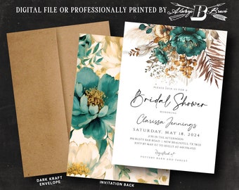 Bohemian Bridal Shower Invitations | Turquoise & Gold Flowers Invitation | Boho Flowers Invites | Teal Floral Invite Printed or File