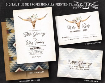 Longhorn Wedding Invitation | Western Invites | Aztec Invite Bohemian Boho Southwest Invitations Rust Gold Navy Blue Aztec Printed or File