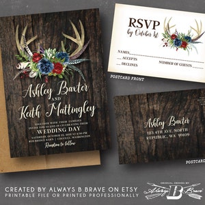 Deer Antler Wedding Invitation & RSVP | Wood Succulent Invitations Red Rose Navy Floral Invite | Rustic Flowers Invites Printed or File