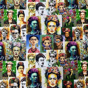 Pode incluir: Uma colagem vibrante com múltiplos retratos de Frida Kahlo em vários estilos artísticos. As imagens mostram sua icônica sobrancelha unida, adereços florais e traços faciais distintos, com uma mistura de representações pintadas, esboçadas e em estilo cartoon.