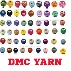 May include: A selection of DMC yarn skeins in a spectrum of colours, each with a number. The image showcases a diverse range of shades, including vivid greens and blues, alongside warm reds and yellows. The text "DMC YARN" is in bold red.