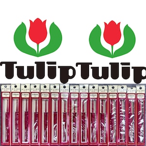 Peut inclure: Une collection de crochets rouges et argentés de différentes tailles, emballés dans du plastique transparent. La marque "ETIMO Red" est visible sur chaque emballage. L'image présente également le mot "Tulip" et un logo de tulipe rouge avec des feuilles vertes.