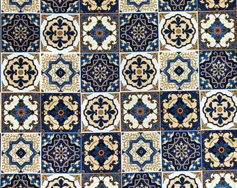 Ceramic Tile Pattern Fabric, Blue White Red Mosaic, Upholstery Textile