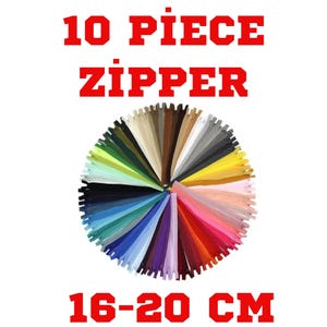 Op de afbeelding: Een verzameling van 10 ritsen in diverse kleuren, gerangschikt in een cirkelvormig patroon. De ritsen zijn 16-20 cm lang. De tekst "10 PIECE ZIPPER" en "16-20 CM" zijn in het rood weergegeven.