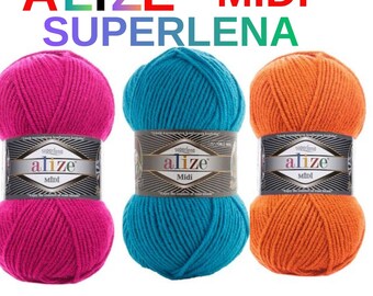 May include: Three balls of Alize Midi Superlana yarn in vibrant colors: hot pink, teal, and orange. Each ball has a label with the brand name and product details. Ideal for knitting and crochet projects.