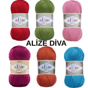 Alize Diva Merceriserat, Akrylgarn, Silkeseffekt, Sportvikt 100gr 350mt, Alize Diva Garn, Stickgarn för Baby, Virkad Sommarbikini 100%