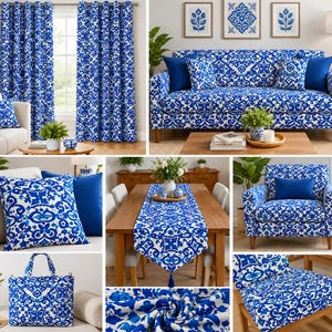 Blue Iznik Tile-Inspired Upholstery Fabric Available in 100-yard and 50-yard lengths,Blue and White Fabric with Ottoman Floral Motifs, Decor