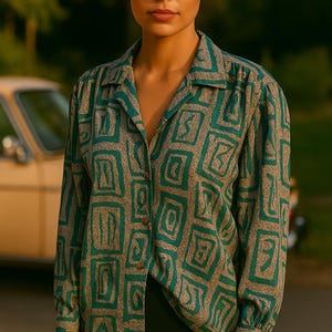 Vintage 80s Yessica Blouse: Teal Abstract Print Silky Shirt