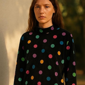 Vintage black velour tunic top with multicolor polka dots retro oversized 90s long sleeve soft velvet shirt cozy unisex M size