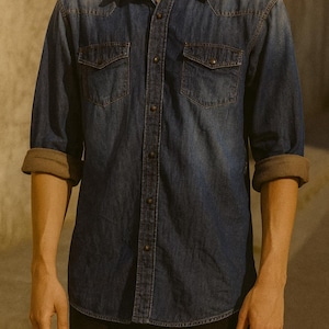 Vintage Faded Denim Western Shirt: Unisex Short Sleeve Cotton Top