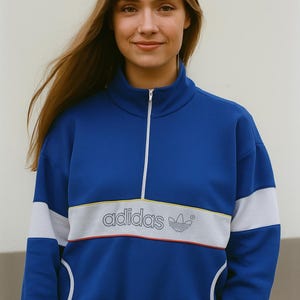 Vintage Adidas Originals blue track jacket 80s 90s trefoil logo white stripe retro half zip pullover sportswear streetwear size M