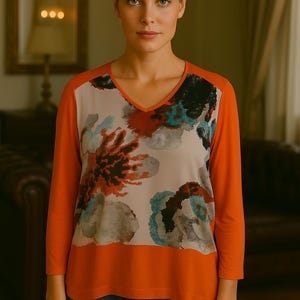 Vintage Limited edition silk satin blend abstract floral top orange modern art blouse Turkish designer wear 3/4 sleeve shirt